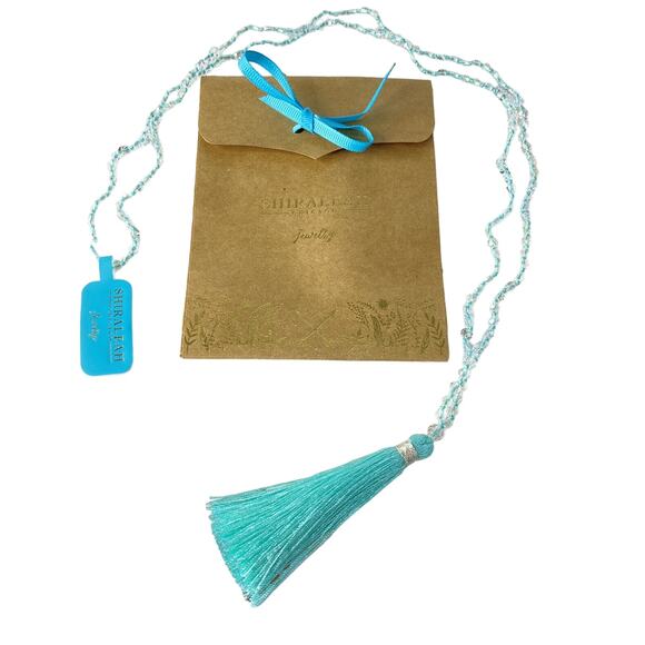 SHIRALEAH Anthro NEW Beaded Fringe Turquoise Nusa Necklace Long Blue Water Boho - Picture 3 of 5